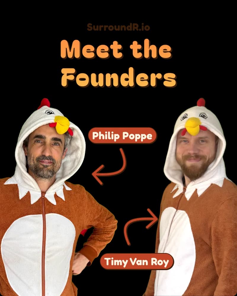 Timy Van Roy and Philip Poppe, co-founders of SurroundR, in chicken suits