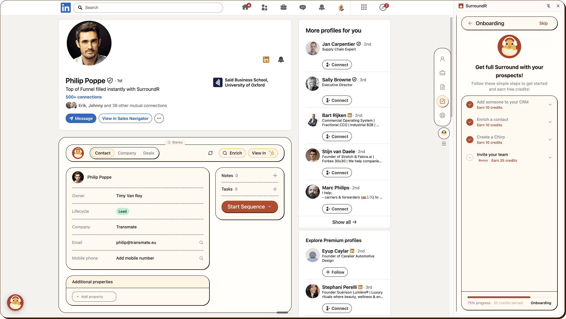 A SurroundR a LinkedInen belül, HubSpot-adatokkal és egykattintásos prospekt-szinkronnal